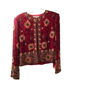 Papell Boutique Vintage Beaded Silk Evening Jacket Cardigan Red M